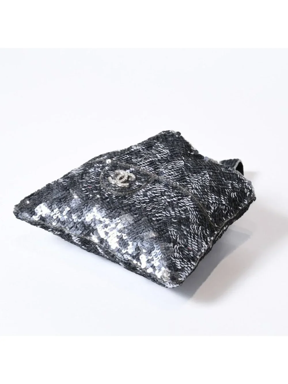 Chanel Sequin Handbag CC Logo Rhinestone Silver Clear